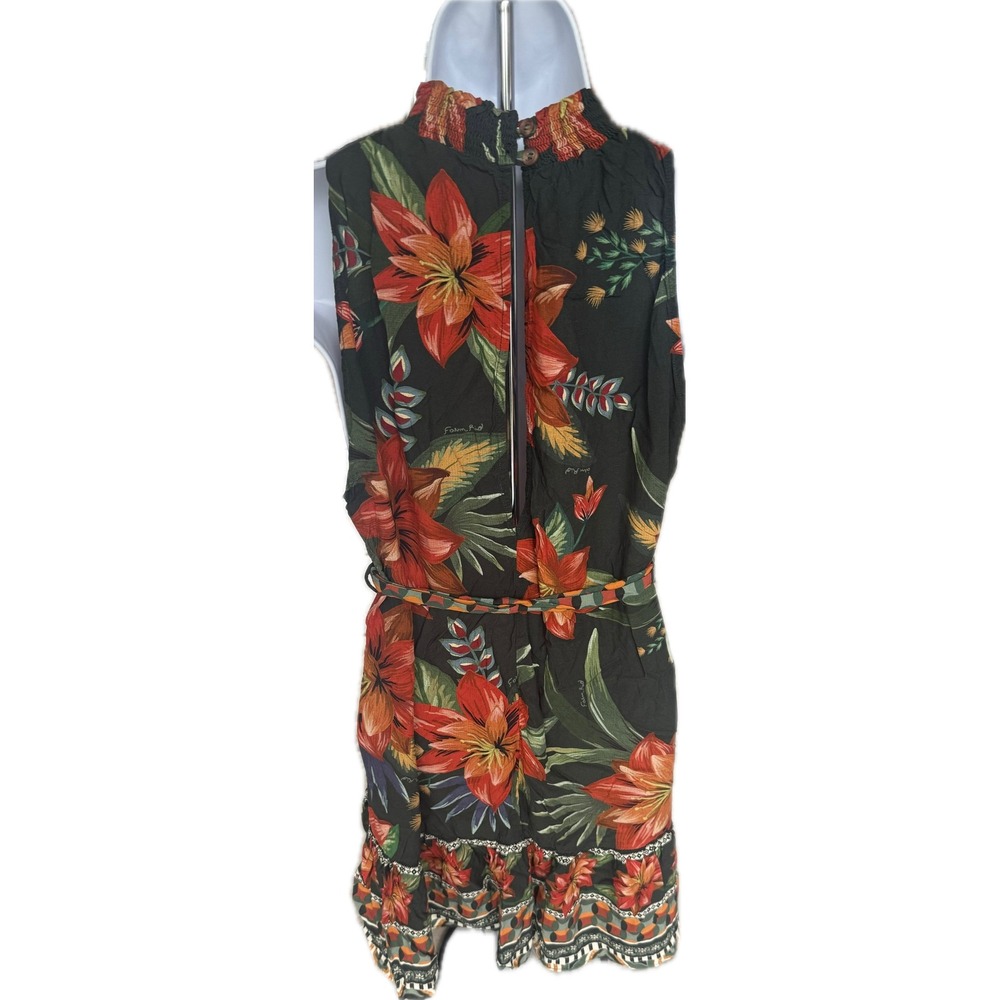 Farm Rio Women Tropical Floral Smocked Halter Mini Dress Black Red Green L - Picture 2 of 6